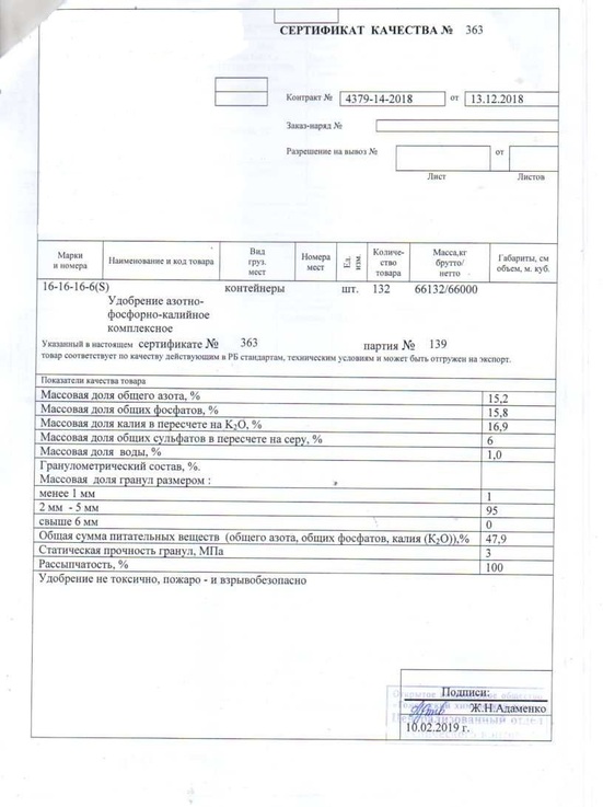 Сертифікат NPK 16-16-16+6 S, Білорусь.jpg