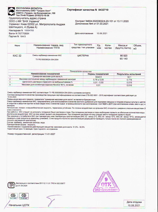 Carbamide ammonia mixture 32 10.08 sertificate Grodno Azot 2021 рік.jpg